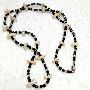 Vintage Black & Faux Pearl Beaded Necklace w/ Mother Of Pearl Chips